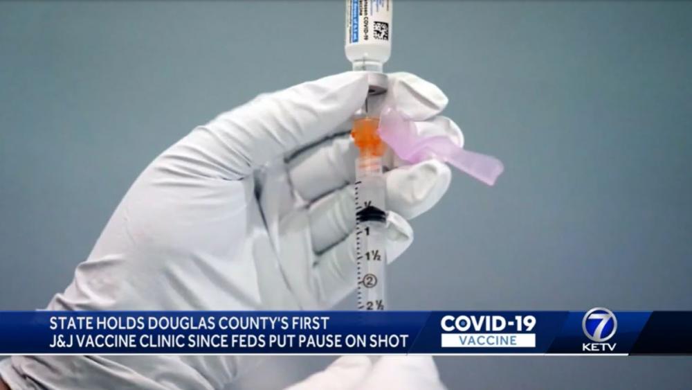 Screen grab from TV story about Johnson & Johnson Vaccine Getting Back in Arms in Douglas County