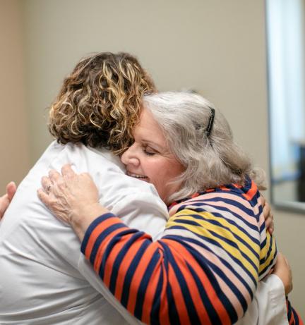 Patient Vicki Brink meets with Oncology Physicians Assistant Becky Childers, PA-C, at Methodist Estabrook Cancer Center