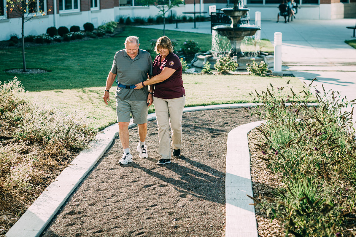 The Dunklau Gardens south healing garden offers a serene environment for residents undergoing short-term rehabilitation.