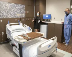 A patient bed at the new Methodist Jennie Edmundson Hospital Birthing Unit