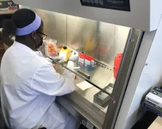 Medical technologist Christine Juma, MLS(ASCP)CM, prepares a COVID-19 test at the Methodist Pathology Center-Schenken Pavilion on March 19, 2021.