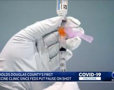 Screen grab from TV story about Johnson & Johnson Vaccine Getting Back in Arms in Douglas County