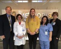 Steve Baumert, Methodist Jennie Edmundson Hospital, president and CEO; Meg Kinney; Madi Benson; Lisa Palermo; and Peggy Helget, chief nursing officer and vice president of patient services.