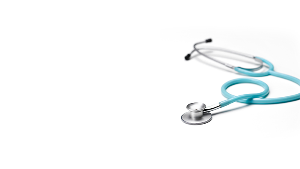 image of a light blue stethoscope on a white background
