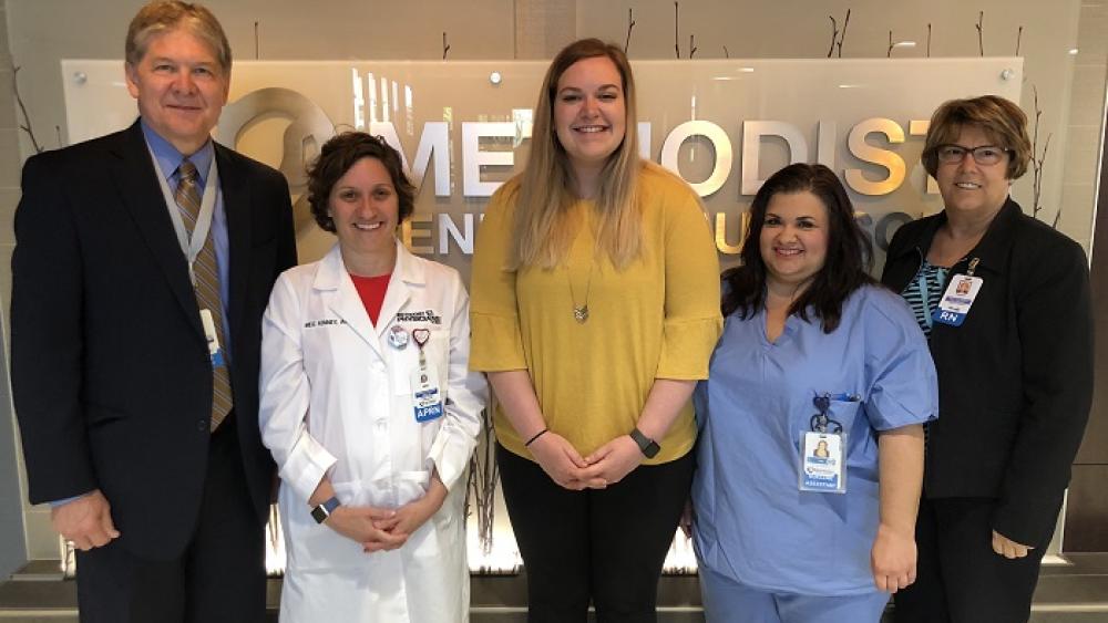 Steve Baumert, Methodist Jennie Edmundson Hospital, president and CEO; Meg Kinney; Madi Benson; Lisa Palermo; and Peggy Helget, chief nursing officer and vice president of patient services.