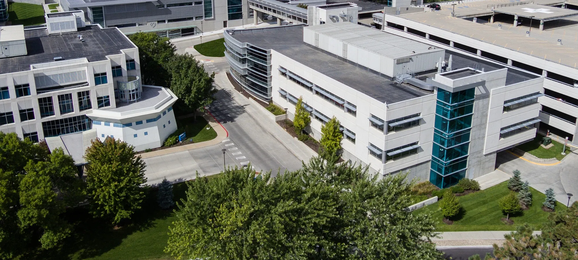 Aerial photo of the Methodist Pathology Center (right) with Methodist Estabrook Cancer Center on the left.