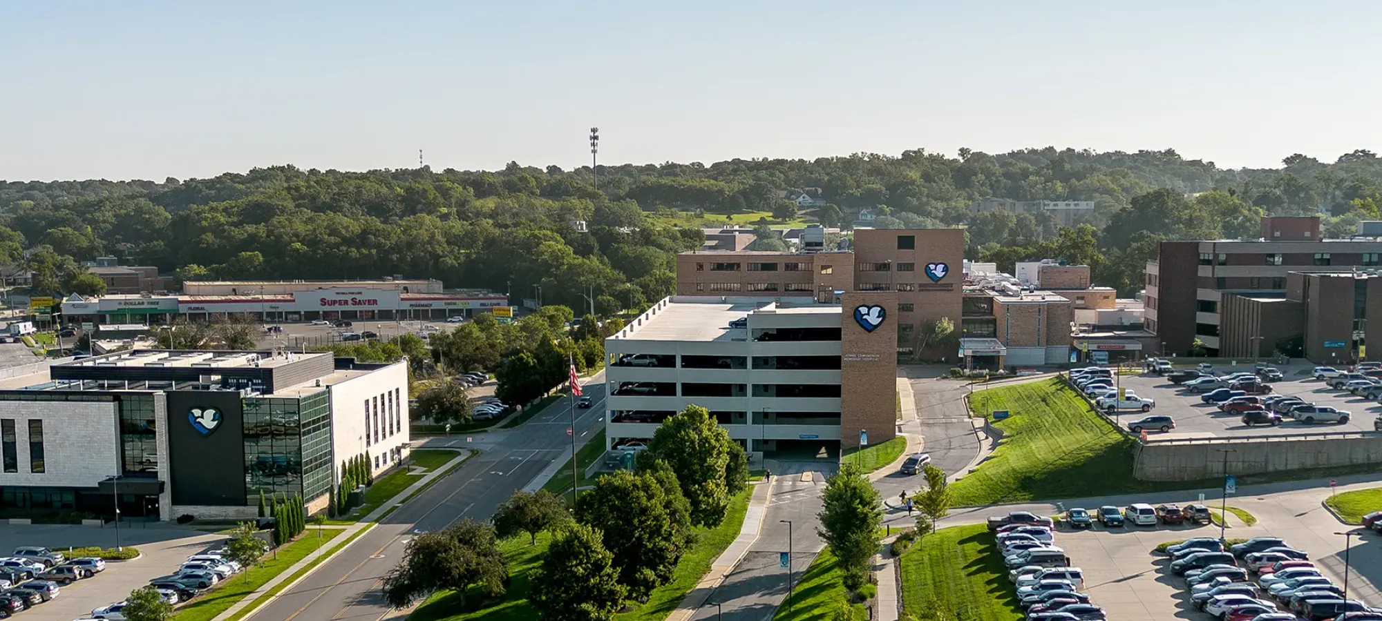 Aerial view of Methodist Jennie Edmundson campus in Council Bluffs, Iowa