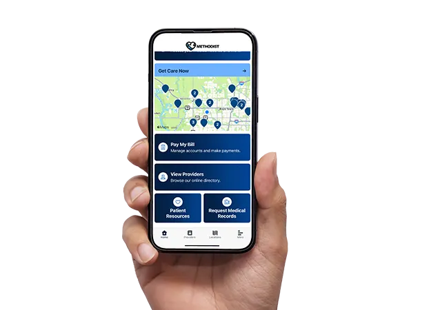 Hand holding smartphone with Methodist My Care app